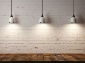 four lights over a white brick wall above a wooden floor, in the style of white, rustic scenes