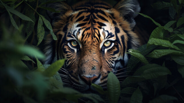 Tiger Close-up hiding in the jungle. Generative Ai