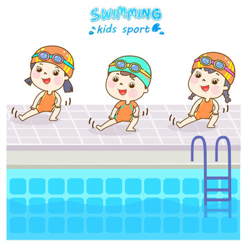 Cartoon kids swimming in the pool.