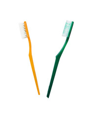 Toothbrushes with yellow and green color on a white background