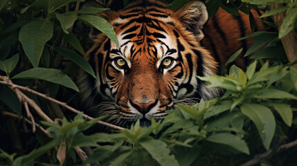 Tiger Close-up hiding in the jungle. Generative Ai