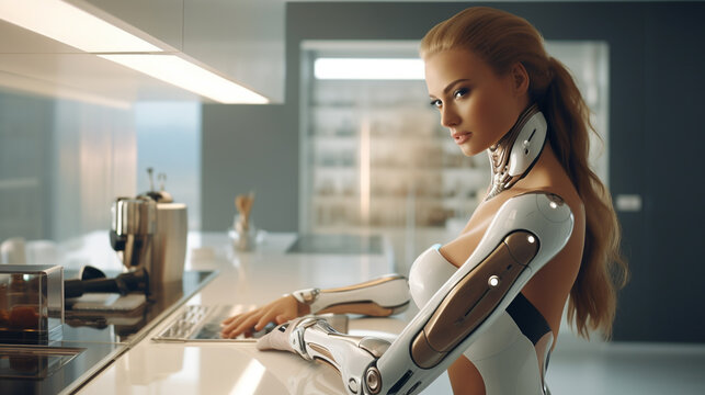 Generative AI, beautiful blonde robot girl, cyborg, android, modern technology, futurism, metaverse, virtual reality, home assistant, artificial intelligence, scientific progress, modern interior