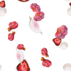 Watercolor seamless pattern with hand drawn traditional Japanese sweets. Wagashi, mochi, camellia flowers. Isolated on white background. Invitations, restaurant menu, greeting cards, print, textile