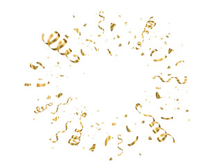 Gold confetti, serpentine ribbons vector background, isolated on white