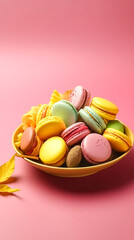 Plate with macaroons on a colored background, generative AI.
