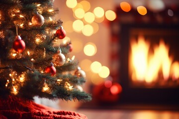 Fototapeta na wymiar Blurred Christmas background with fireplace, Generative AI
