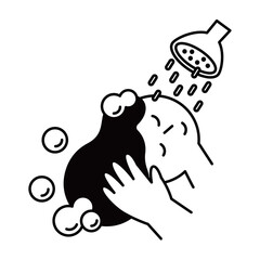 Illustration of a woman washing her hair while taking a shower. 