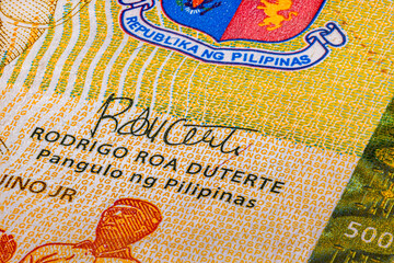 Front side of 500 peso bill of the Philippines. 500 Philippine Peso. Currency of the Island state. Extreme close up of five hundred Peso. Microscopic capture of money or banknotes of the Philippines