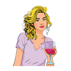 Blonde woman with glass of wine, pop art girl portrait.