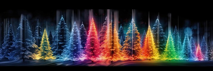 Banner of glowing multicolor christmas trees isolated on dark background and glowing, lights
