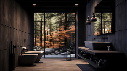 modern interior of a washroom in the woods - obrazy, fototapety, plakaty