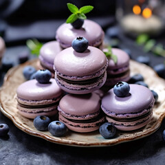 Fototapeta premium several macaroons with fresh blueberries on a plate