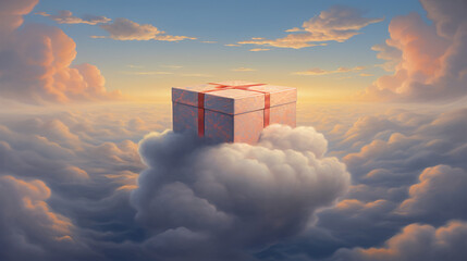 Gift Box with Pink Bow Floating in the Sky - obrazy, fototapety, plakaty