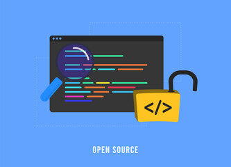 Open Source Software - OSS concept. Collaborative free software with accessible open source code for customization. Flat vector illustration isolated on white background with icons