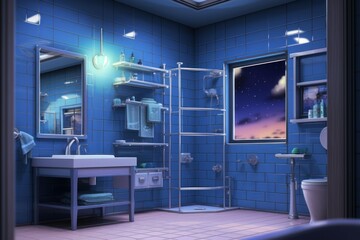 Bathroom blue anime visual novel game. Generate Ai