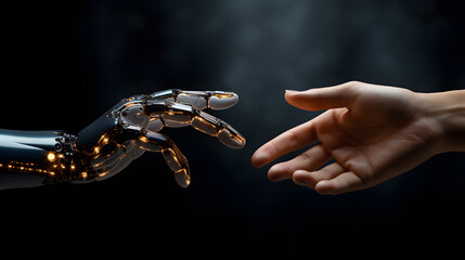 The human finger delicately touches the finger of a robot's metallic finger. Concept of harmonious coexistence of humans and AI technology
