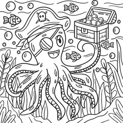 Pirate Octopus Holding Chest Coloring Page 