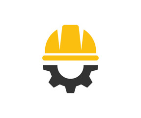 Helmet and gear. Safety and protection, engineer. Construction, labor and engineering symbols. Workwear, helmet construction and cogwheel vector design and illustration.
