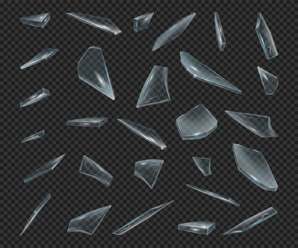 Shards of broken glass, realistic pieces on transparent background. Vector abstract explosion, 3D fragments of crystals of triangle shape, shattered particles motion. Glass crash