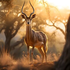 Gerenuk Antelope with Elongated Slender Neck Backlit by Sunset