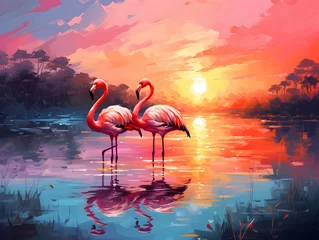 Fototapeten Flamingos in Lake at Sunset © Sunitha