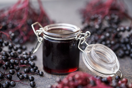 A jar of black elderberry syrup