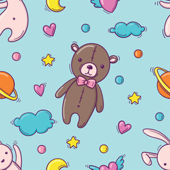 Hand drawn seamless pattern with baby colorful toys as teddy bear and flying rabbit on light blue background