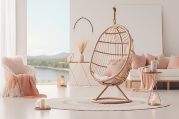 Scandinavian-style living room interior design in calm beige and pink tones with a wicker armchair, sofa, large window