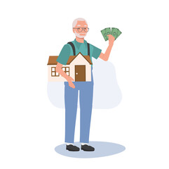  Retirement and Financial Security Concept. Wealthy Elderly man with House and Currency Fan.