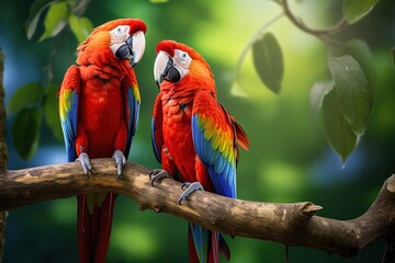 Obraz premium two scarlet macaws are facing each other on a branch on tropical blurry background