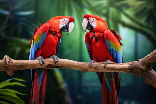 two scarlet macaws are facing each other on a branch on tropical blurry background