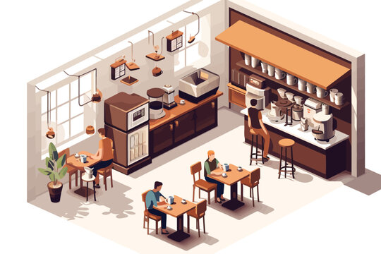 coffee shop interior isometric vector flat isolated illustration