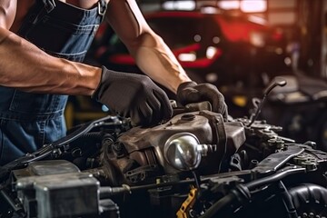 Obraz na płótnie Canvas Auto mechanic working in auto repair shop. Car service and maintenance concept