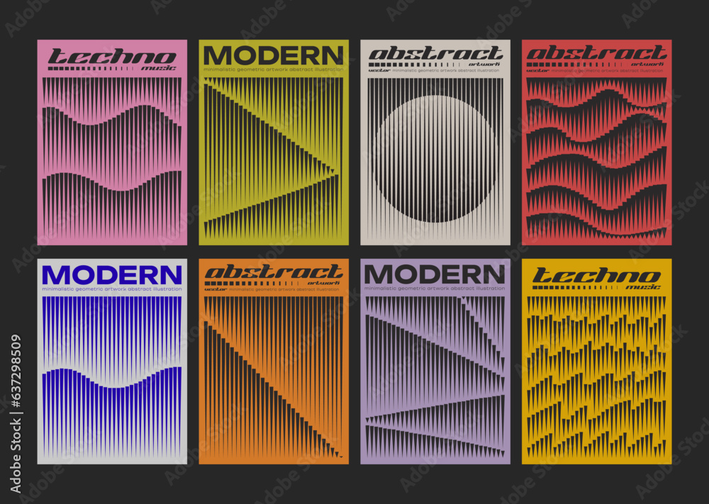 Poster minimal abstract posters set. swiss design. modern pattern. striped wavy geometric background. futur