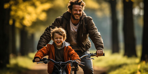 Father Teaching Son to Ride a Bike: A Special Moment of Shared Learning: A photo of a father teaching his son to ride a bicycle, perfect for a heartwarming or inspirational image.