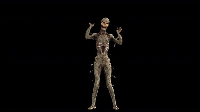 Seamless animation of a mummy dancing isolated with alpha channel. Funny cartoon character for Halloween background.