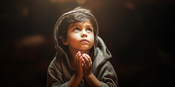 Praying Boy: A silhouette of a boy praying against a dark background, creating a striking and evocative image.