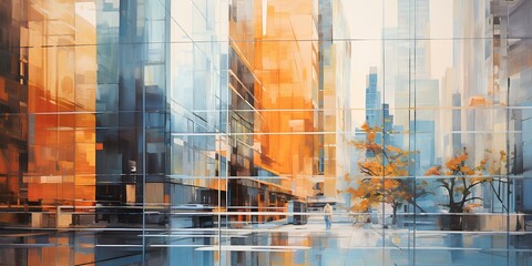 Oil painting of a modern city, abstract strokes of oil paint, art painting.