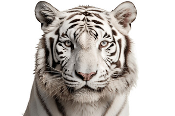 A close-up of a large white tiger on a white background, Generative Ai
