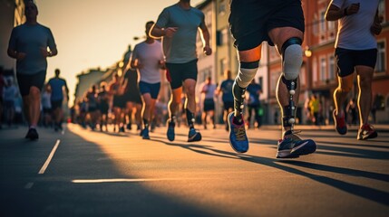 A man with a prosthetic leg. running around.Disabled person with prosthetic leg running marathon race . Generative Ai
