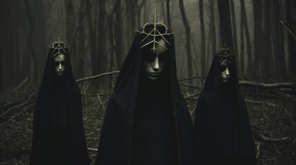 Satanist Nun Cult Meeting in the Forest - Dark, Mysterious Coven Meeting, Horror Scary Terrifying Halloween, Mysterious Figures, Ghosts, Witches, Cross, Satan - obrazy, fototapety, plakaty