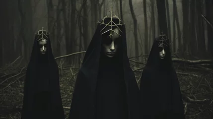 Tuinposter Satanist Nun Cult Meeting in the Forest - Dark, Mysterious Coven Meeting, Horror Scary Terrifying Halloween, Mysterious Figures, Ghosts, Witches, Cross, Satan © dkornelia