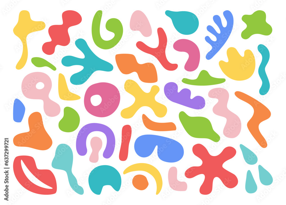 Poster Decorative shapes, blobs and blots doodles flat cartoon set. Realistic elements for design of various decorative elements isolated on white background. Vector collection of 3d abstract plumps