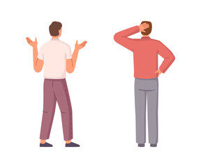 Fototapeta premium Man thinking and choosing way, character man in different actions, back view. Businessman thinks, searches, doubts and choose right path . Financial difficulties. Vector illustration in cartoon style