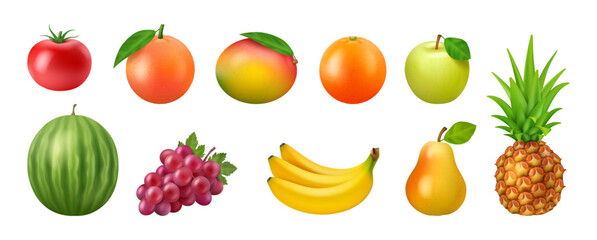 Ripe fruits realistic 3D vector illustration set, healthy eating. Tomato, grapefruit apple and mango, watermelon and orange, pear and grape, banana and pineapple whole vegetarian food