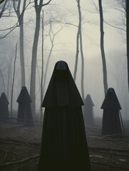 Satanist Nun Cult Meeting in the Forest - Dark, Mysterious Coven Meeting, Horror Scary Terrifying Halloween, Mysterious Figures, Ghosts, Witches, Cross, Satan