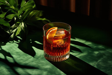 Negroni Mezcalito cocktail drink made with Mexican mezcal, vermouth, bitters, herbal liqueur, orange, cinnamon, and ice. Presented against a dark green background with hard light casting shadows