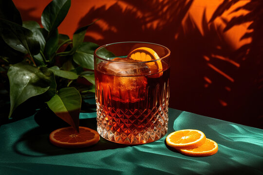 Presenting the Negroni Mezcalito cocktail, blending Mexican mezcal, vermouth, bitter, herbal liqueur, orange, cinnamon, and ice. It's showcased on a dark green backdrop, highlighted by hard light