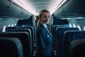 Portrait of a flight assistant on a plane. AI generative