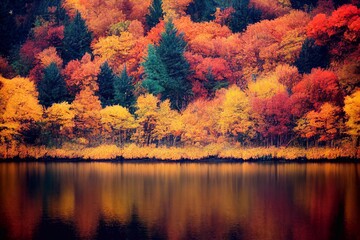 Obraz premium Autumn forest. Orange, yellow trees. Autumn nature. Generated by AI 